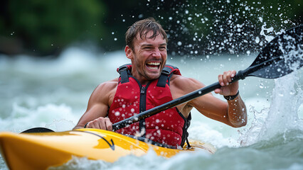 A cheerful kayaker, clad in a safety vest, navigating lively rapids with a sense of adventure and confidence, embodying the spirit of outdoor thrill and water sports.