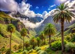 © Achiraya - Majestic palm tree-lined valley surrounded by lush green mountains and misty clouds in La Gomera, Canary Islands, Spain, evoking a sense of serene tropical paradise.