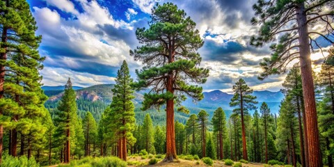 Wall Mural - Majestic ponderosa pine trees stand tall amidst a serene forest landscape, their rugged bark and sprawling branches a testament to nature's unbridled beauty and ancient wisdom.