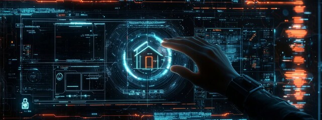 Aufkleber - Hand pushing Smart Home Automation Control System with Internet Network Concepts using innovative technology.