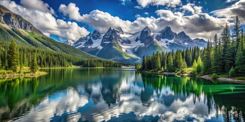 Wall Mural - Majestic snow-capped peaks rise above a serene alpine lake, surrounded by lush green forests, under a vibrant blue sky with wispy white clouds.