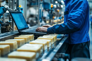 Leinwandbilder - A manufacturing engineer controls a computer-controlled product inspection system in modern factory as products are transported on conveyor belts to warehouses.