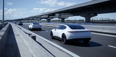 Poster - An autonomous self-driving vehicle with a graphic sensor radar signal system is featured in this smart car (HUD) concept on a highway road with Internet of Things technology
