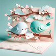 © SerPak - A charming scene with two adorable paper cut-out lovebirds perched on blossoming branches, surrounded by pastel-hued clouds and flowers, evoking a sense of innocence and tenderness.