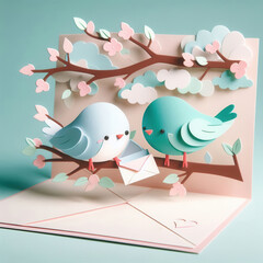 a charming scene with two adorable paper cut-out lovebirds perched on blossoming branches, surrounde