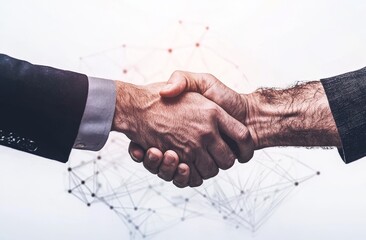 Aufkleber - Handshake between two businessmen, effect of global network connection, graphed stock market graphic chart, digital technology, internet communication, teamwork, partnership concept.