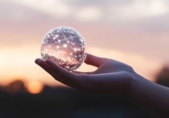 Poster - Hands holding global network and customer connection on a nature background.