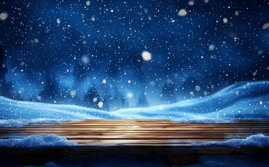 Aufkleber - The background of the image is a blurry snowy blue background with an empty wooden flooring. Snowflakes fall and sparkle on the light. The copy space is filled with snowflakes and snowflakes.