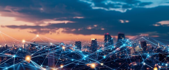 Fototapete - Connecting smart city and abstract dot point concept with gradient line and aesthetic wave line design.