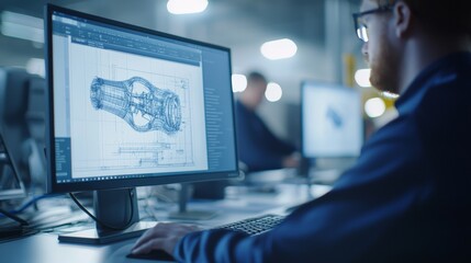 Canvas Print - An engineer works with CAD software on a computer, showing technical details and drawings. A background shows an industrial design facility.