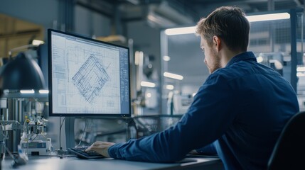 Aufkleber - In the background is an engineering facility specialising in industrial design. A view from over the shoulder of an engineer working on CAD software on his desktop computer, with the screen showing