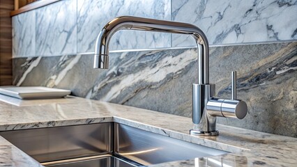 Modern chrome faucet with sleek design and angular lines installed in front of a sleek grey granite countertop with a subtle white marble pattern.