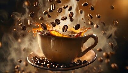 Closeup capture of coffee beans cascading into a steaming cup, capturing the essence of rich aroma and brewing warmth