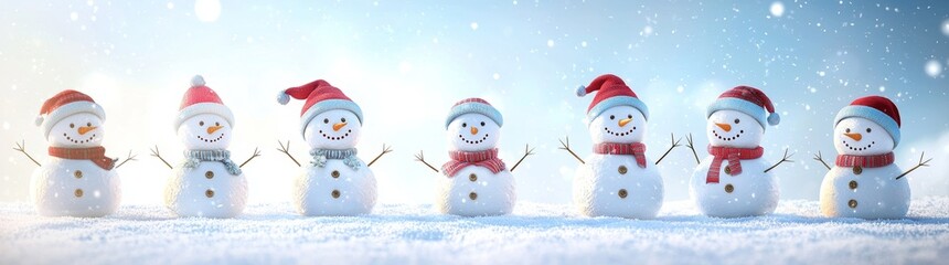 Poster - This greeting card has a copy space for you to add your own message. The image shows many snowmen standing in a winter Christmas landscape.