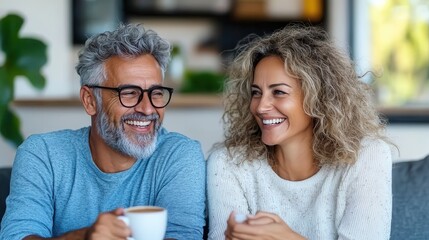 Both wearing casual attire, a couple shares a laugh over coffee in a trendy café setting, capturing the warmth and enjoyment of spending time together indoors.