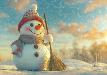 Poster - A happy snowman stands in a Christmas landscape with a snow background on a Christmas greeting card with copy space. Winter fairytale with snowfall and happy new year.