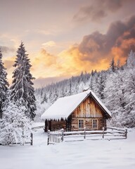 Poster - Winter landscape with wooden house surrounded by snowy mountains, Carpathians mountain range, Ukraine, Europe.