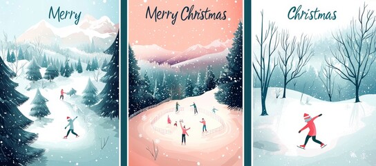 Sticker - Postcards featuring a mountain small village with snowflakes, deer, a snowman, a church and a night scene. Concept of a happy winter. Merry Christmas.