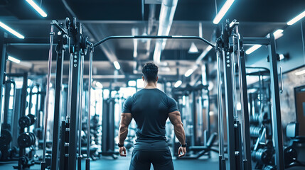 Wall Mural - A man in a gym lifts weights, focused and determined, surrounded by exercise equipment