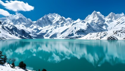 Wall Mural - Stunning turquoise lake embraced by majestic snow-capped mountains beneath an endless clear blue sky