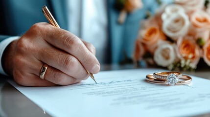 A hand signs an official wedding document beside two wedding rings and a bouquet, representing the legal and ceremonial aspects of marriage and commitment.