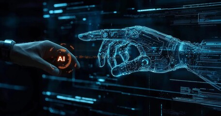 Poster - Stock, Machine Learning, Hands of robots and humans touching huge data networks, Stock market technology, innovation, and futuristic.