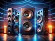 © Achiraya - Powerful home audio system with large subwoofer amplifier emitting intense low-frequency bass waves, filling the room with deep, rumbling sound vibrations.