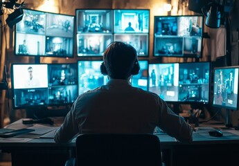Leinwandbilder - In the control room of a security data system, a male operator works