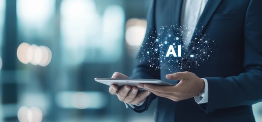 Fototapete - A businessman touches the workings of Stock (AI) in a futuristic business and codes software for networks, IoT, and cutting edge technologies