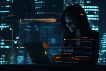 Poster - Businesswoman smiling in highrise office with laptop in hand