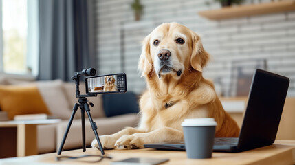 Poster - A golden retriever dog sitting at a desk with a laptop, smartphone, and a cup, being recorded by a camera on a tripod. The setting is a cozy living room.