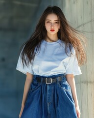 A stylish young woman with flowing hair poses confidently in casual attire against a modern backdrop.