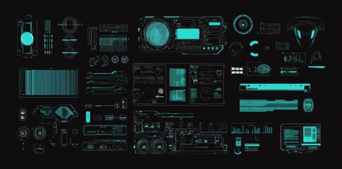 Fototapete - HUD screen. Holographic digital user interface with HUD, GUI, UI elements. Virtual reality technology screen.