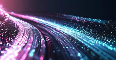 Poster - The future of big data. Motion of digital data flow. Data transmission channel 3D illustration. Presentation of business analytics.