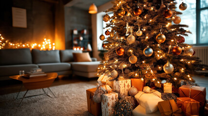 Wall Mural - Cozy living room with a decorated Christmas tree and lit string lights. Wrapped gifts are placed under the tree. Furnished with a grey couch and wooden coffee table.