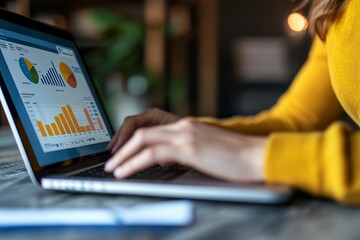 Poster - Graphs and data on a digital display behind a tablet in hands of businesspeople