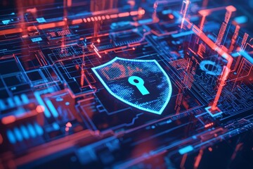 Poster - An interface with a hologram of a padlock on a dark blue background