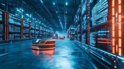 Canvas Print - In this 3D concept, automated robots deliver cardboard boxes in a distribution logistics center. Automated Guided Vehicles deliver goods, packages, and products.