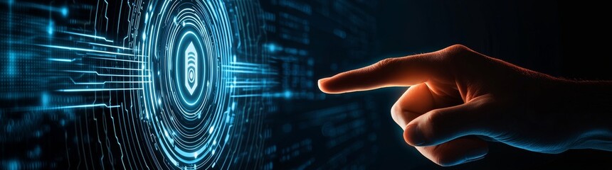 Aufkleber - Biometric identification and cyber security protect business transactions from cyber attack online. Businessman unlocking and accessing business data network with fingerprint scanner.