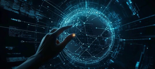 Leinwandbilder - In front of a sunset background, a hand touches a circle with data exchanges and global network connections, Science, Innovation, Communication and Technology concept.