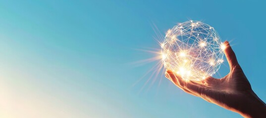 Leinwandbilder - The hand of a businessman touching the circle of global network connections and data exchanges on a sunset background, Business networking with clients, Science, Innovation, Communication and