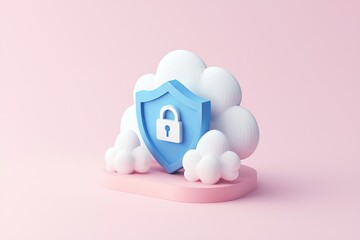 Aufkleber - A white cloud with yellow padlock, blue shield and pink background. Cloud storage, cyber security, and data privacy concept. 3D rendering.