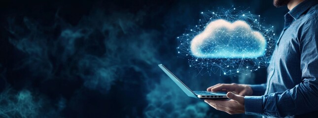 Poster - The hand of a person showing a laptop computer connected to the internet for cloud data transfer. The image shows cloud computing technology and online data storage for business networks.