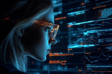 Poster - A young nerdy programmer looking at data, software, or network interfaces. A female software developer coding and concentrating.