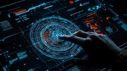 Leinwandbilder - Virtual computer screen display with hand-held digital hologram and innovation internet system on virtual reality cyberspace background.