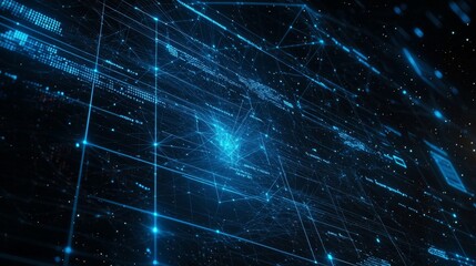 Leinwandbilder - Polygons, dots, and lines form polygonal shapes with dark blue background, center focus, and side blur.