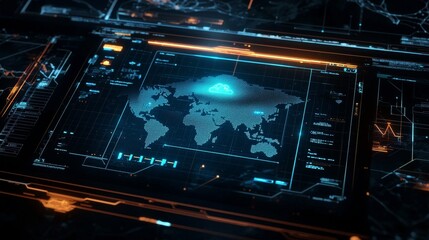Fototapete - Concept of cloud computing for data transfer on a dark blue abstract world map polygon with a prominent cloud icon in the center. Small icons on the abstract world map polygon with internal