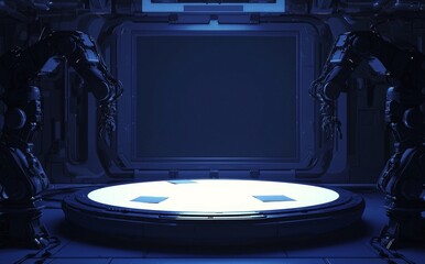 Leinwandbilder - A rendering of a sci-fi pedestal in a scientific laboratory with robotic arms holder and ceiling light. This can be used to represent a technology product, crypto currency, computer or high tech