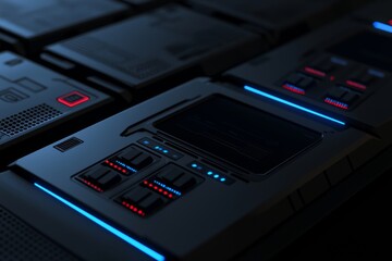 Fototapete - In this concept, high speed loading data is accomplished with a digital blue glowing loading sign in a virtual frame surrounded by a dark abstract technology background.