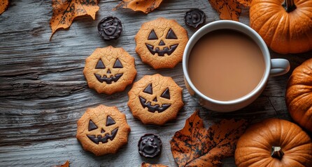 Poster - On the white table, orange pumpkin, sweets, and a coffee cup in a Halloween theme